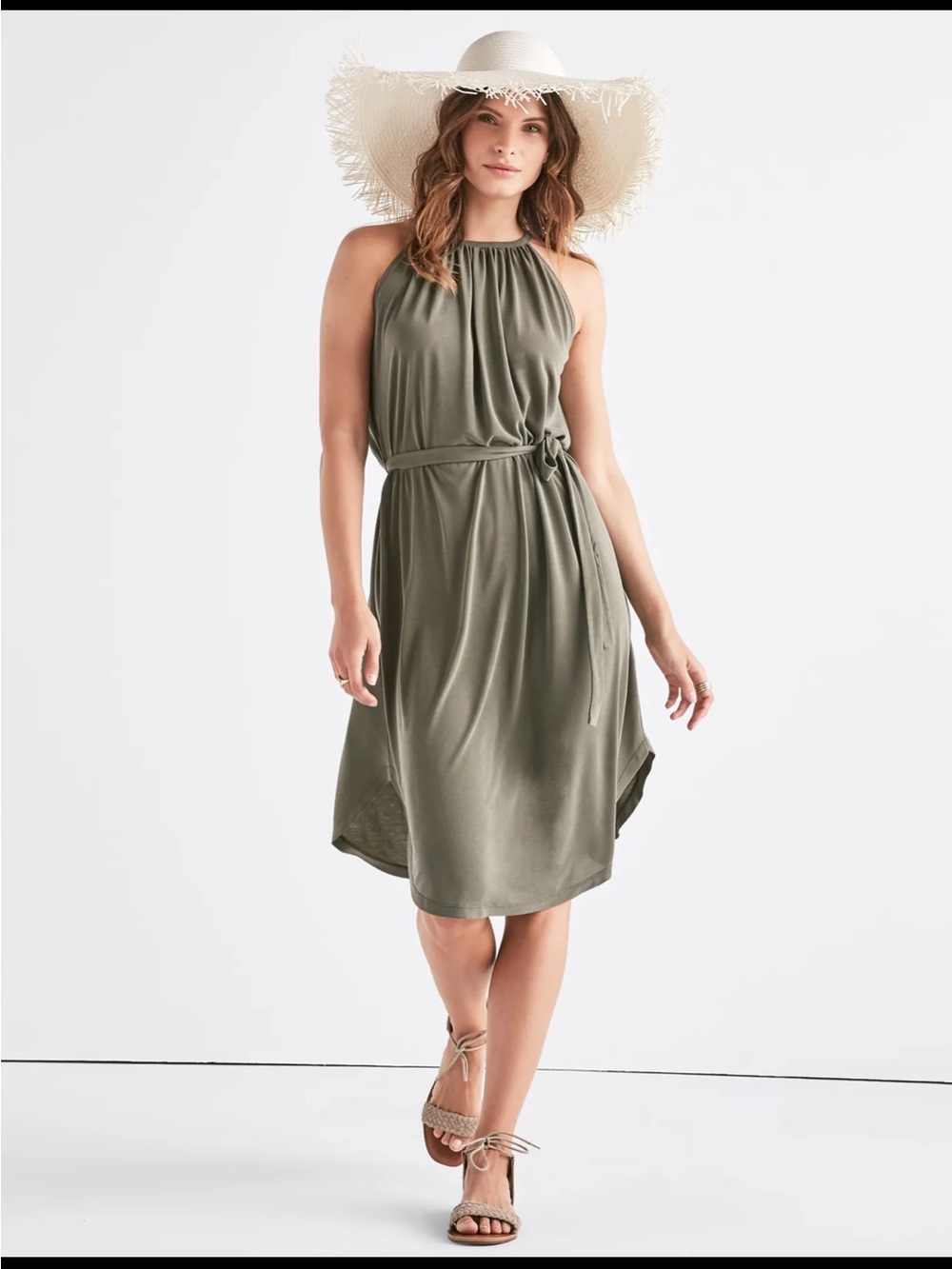 Lucky Brand Olive Halter Midi Dress with Tie Waist